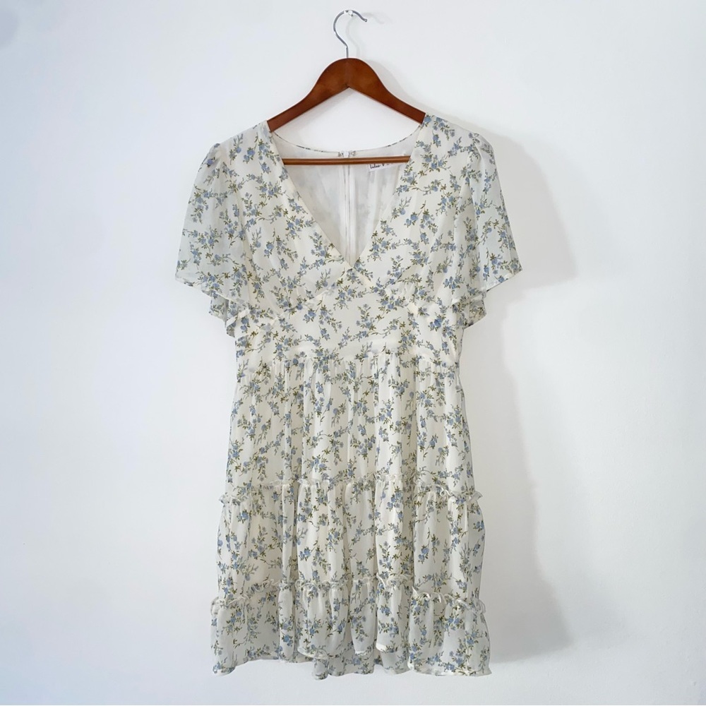 Lulus Coquette Romantic White & Blue Floral Tiered Short Sleeve Mini dress M - Picture 9 of 10